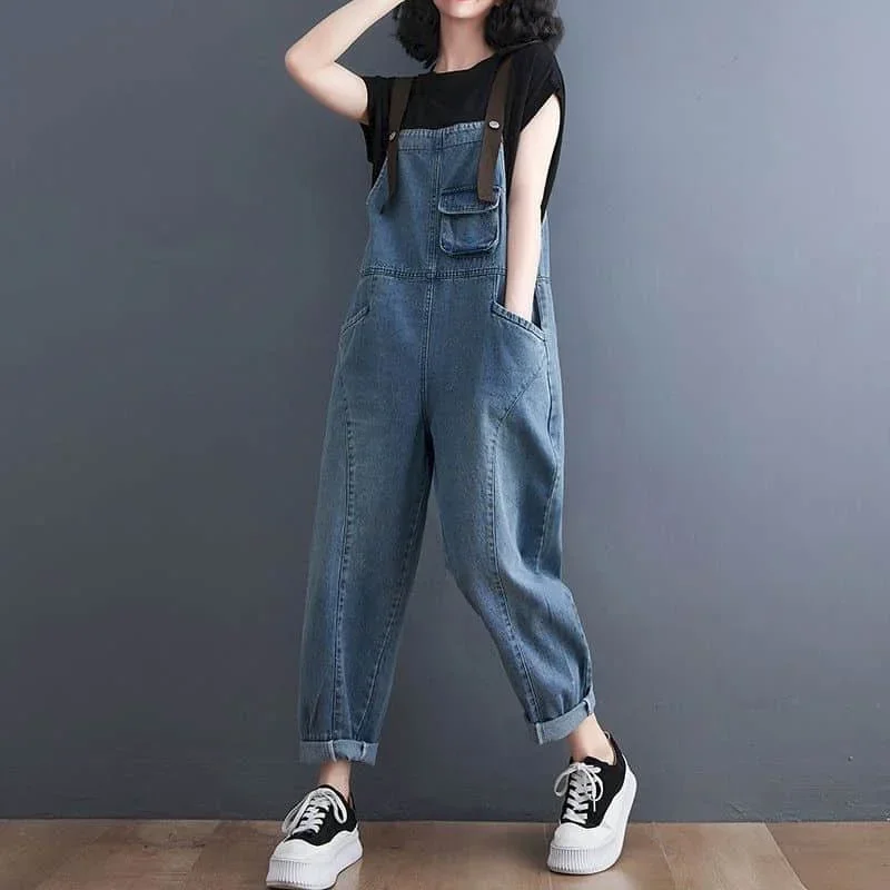 

Denim Jumpsuits for Women Korean Style Vintage Playsuits Wide Leg Pants Loose Trousers Oversized Overalls for Women Clothes