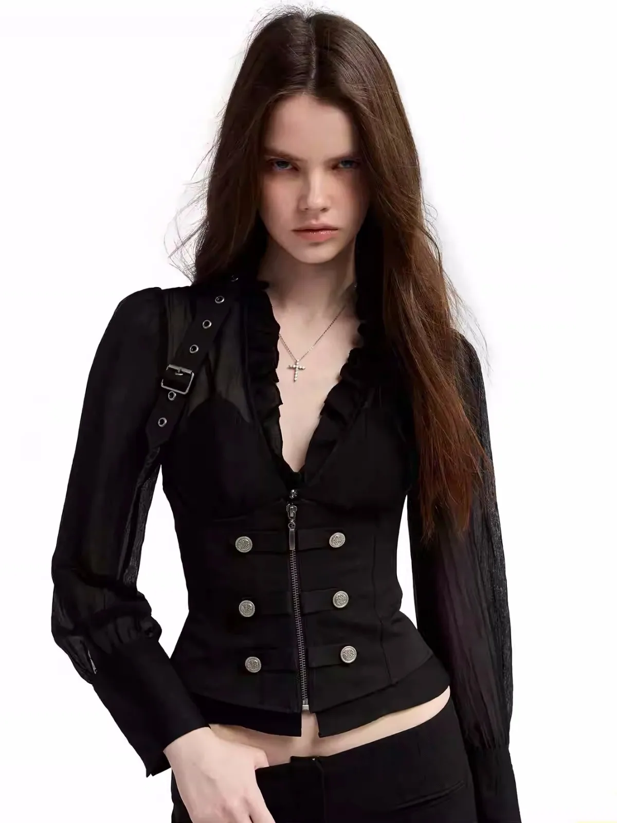 

Темно-синяя сексуальная блузка с рюшами, приталенный женский комплект из двух предметов, полиэстер, длинный рукав, V-образный вырез, застежка-молния, цветной