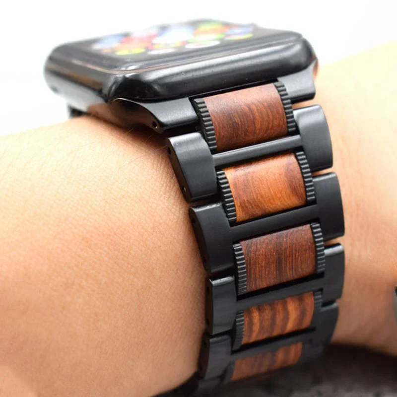 Wooden Metal Bracelet For Apple Watch Band Ultra 49mm 8 7 41 45mm 38 42 44mm 40 Wood Stainless Steel Strap For iWatch 6 543 SE