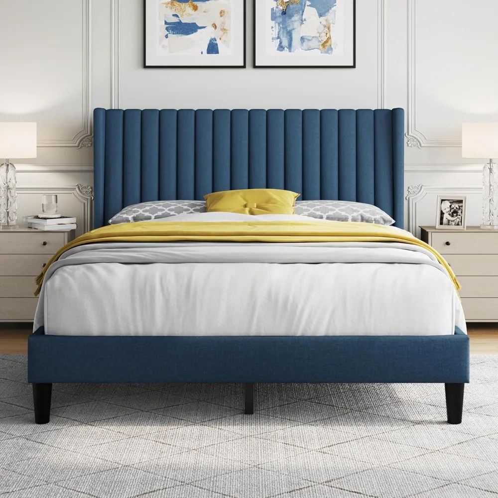

Yaheetech Queen Bed Frame Upholstered Platform Bed with Fabric Headboard, Wing Edge Design/Non-Slip and Noise-Free/Wooden Slats