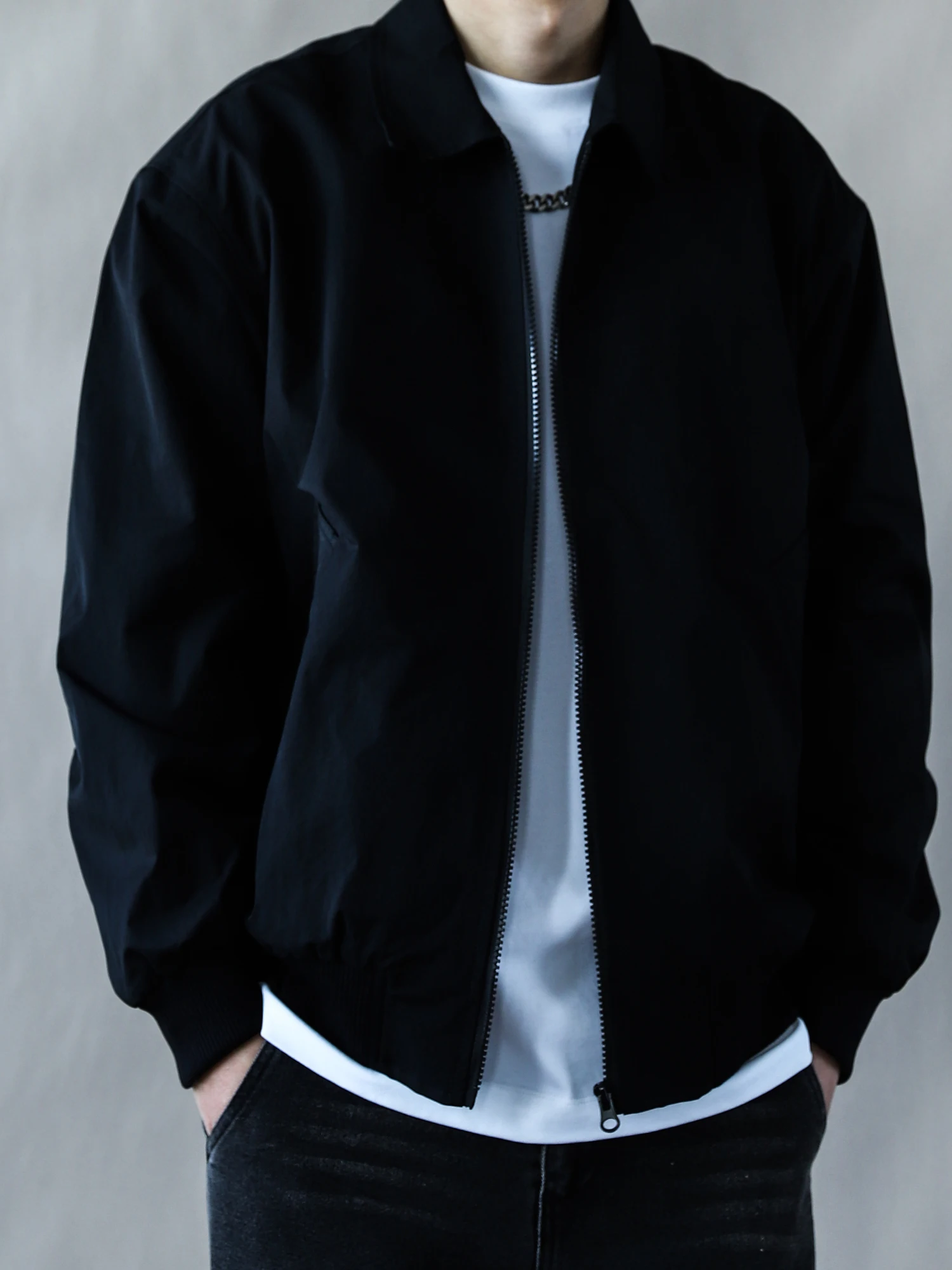 

American Retro Work Jaet Men's Lapel Loose Casual Top Youth Spring Autumn Bla Long Sve Polyester Fiber Zipper