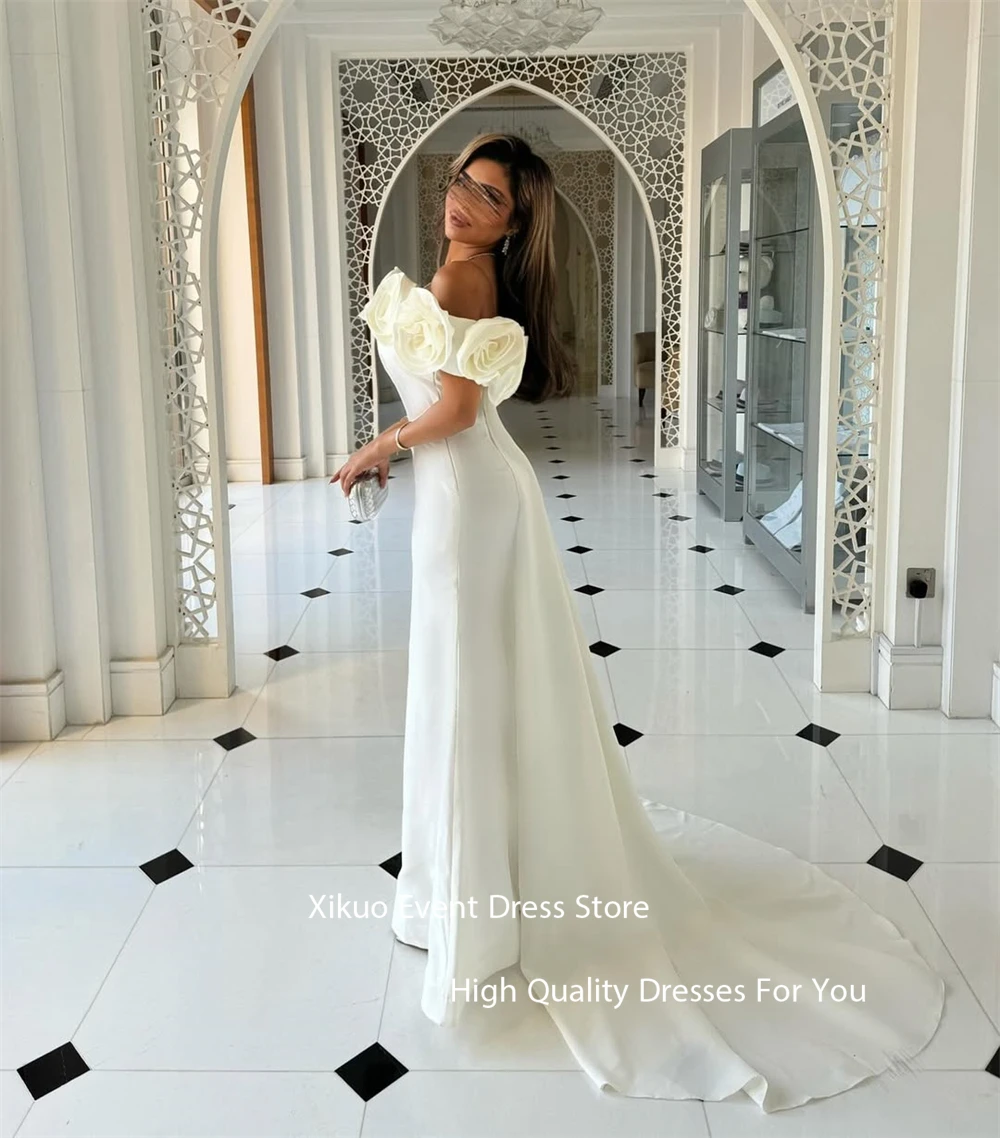 Xikuo Graceful White Satin Evening Gowns Off Shoulder Muslim Vestidos De Fiesta Mermaid Saudi Arabia Wedding Dress Customized
