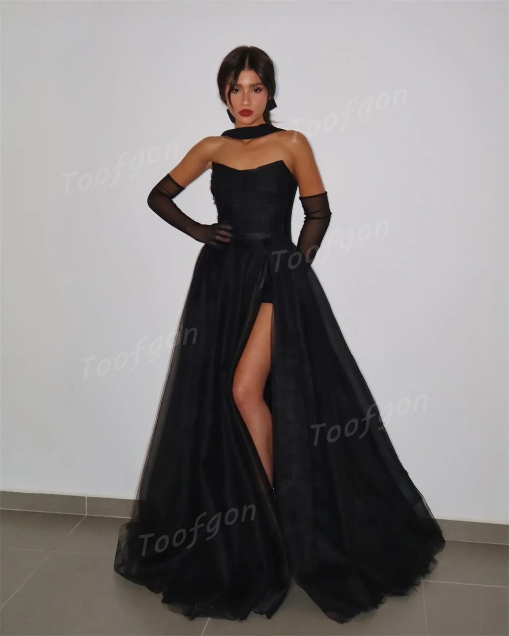 فساتين سهرة من Toofgon عتيقة من التول الأسود بفتحة عالية للحفلات الراقصة مخصصة رداء Soirée للنساء فستان رسمي طويل