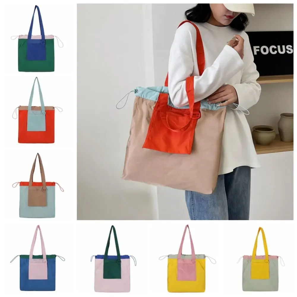 

Colored Foldable Shopping Bag Large Capacity Environment-Friendly Pocket Handbag Reusable Waterproof Drawstring Tote Bag Girls