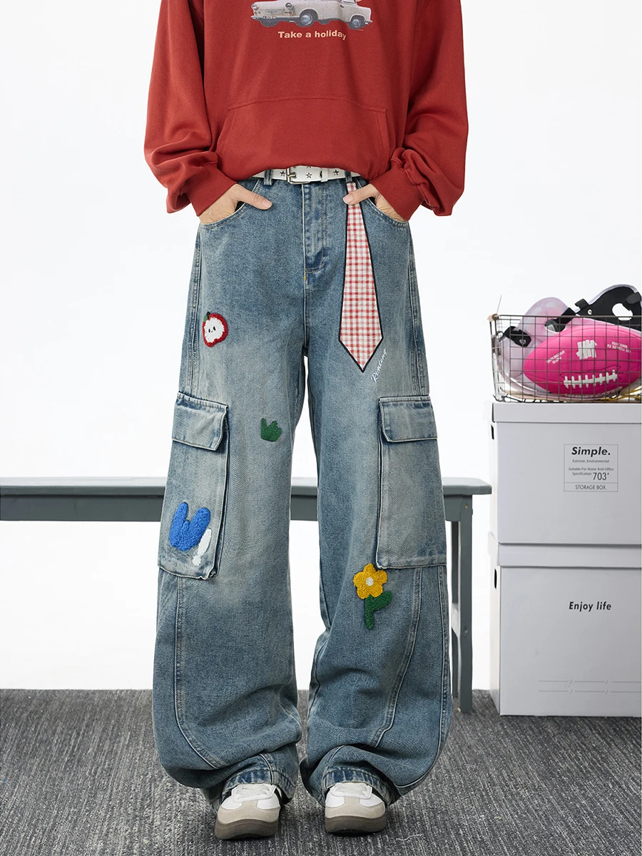 

Мужские джинсы в стиле ретро-американский рабочий костюм, с вышивкой, прямые штанины, повседневные брюки большого размера