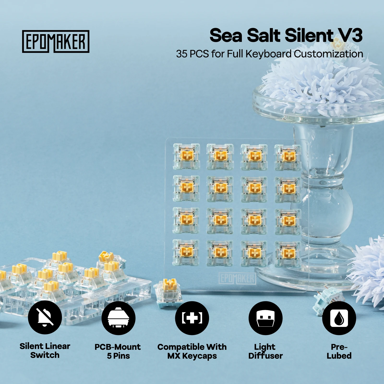 35 Pieces EPOMAKER Sea Salt Silent V3 Switch 45gf 5-Pin Linear Pre-Lubed Silent Switch MX-Compatible for Mechanical Keyboard