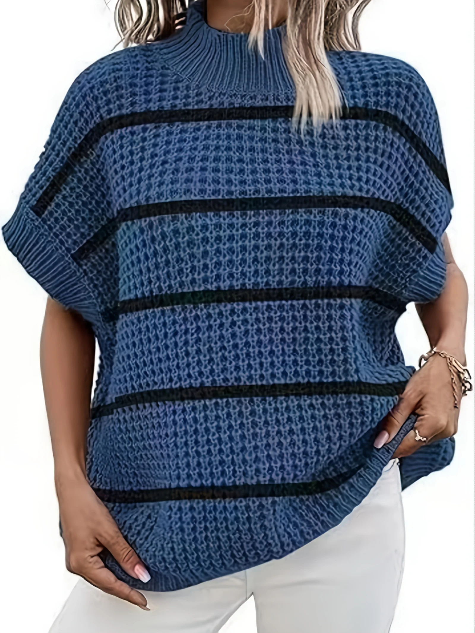 

Plus Size Women Casual Color Block Striped Mock Neck Long Sleeve Knit Pullover, Winter All-match Outfit
