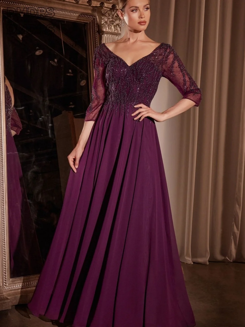 

Formal V-neck Evening Dresses Elegant Long Sleeve A-Line Mother of the Bride Dress Charming Chiffon Lace Prom Gowns Customized