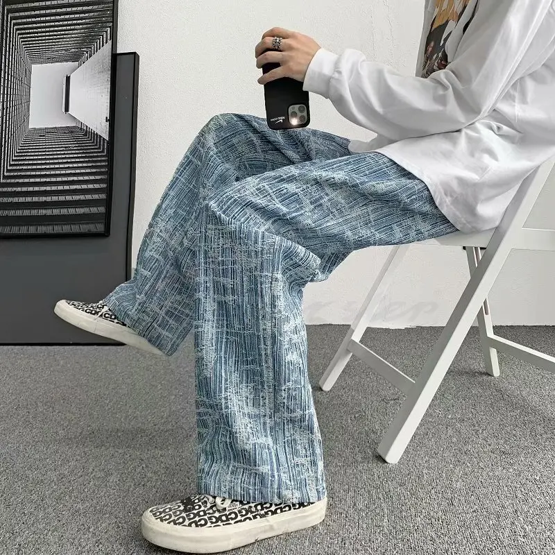 

Straight Tube Wide Leg Pants Men's Retro Casual Spring Summer High Waist White Letter Printed Korean Loose Pants Jeans