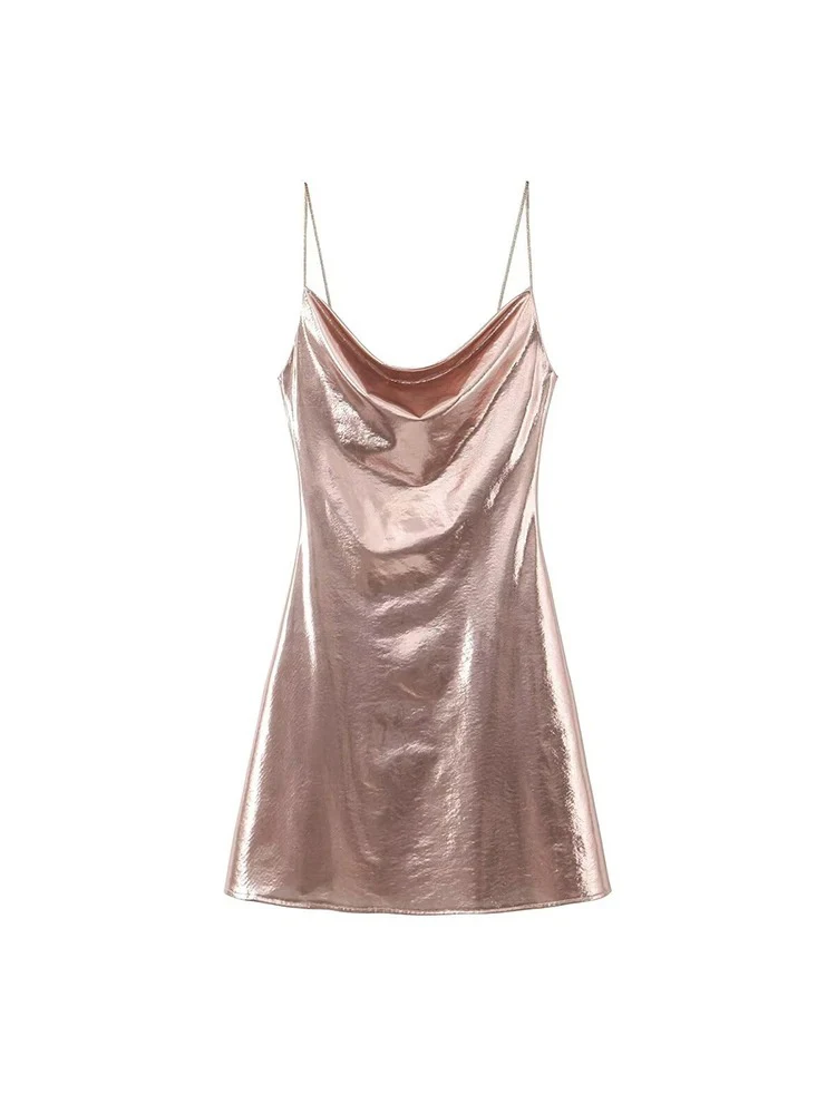 Women's Metallic Colour Glitter Dress Sexy Backless Sleeveless Spaghetti Strap Dresses Party Bar Sleeveless Short Dresses