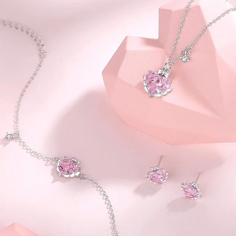 

925 Sterling Silver Jewelry Set - Pink Heart Necklace Bracelet Earrings for Women Romantic Birthday Gift Valentine's Day