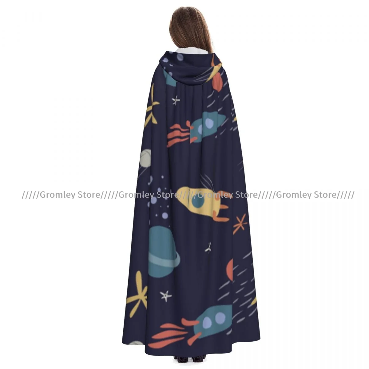 Unisex Halloween Cloak Space Stars Planets And Rockets Cape Hooded Medieval Costume Witch Wicca Vampire