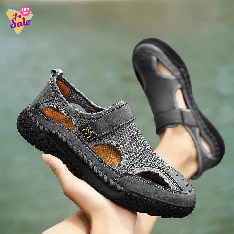 2026Men's Breathable Summer Sandals Handmade Openwork  Beach/Outdoor Shoes Non-Slip Closed-Toe Trendy Mesh Casual Footwear