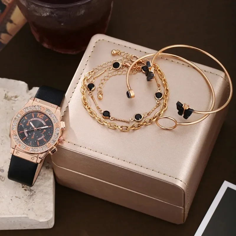 5 pçs conjunto de relógios femininos elegante quartzo borboleta strass colar brincos jóias conjunto relógio montre femme reloj mujer