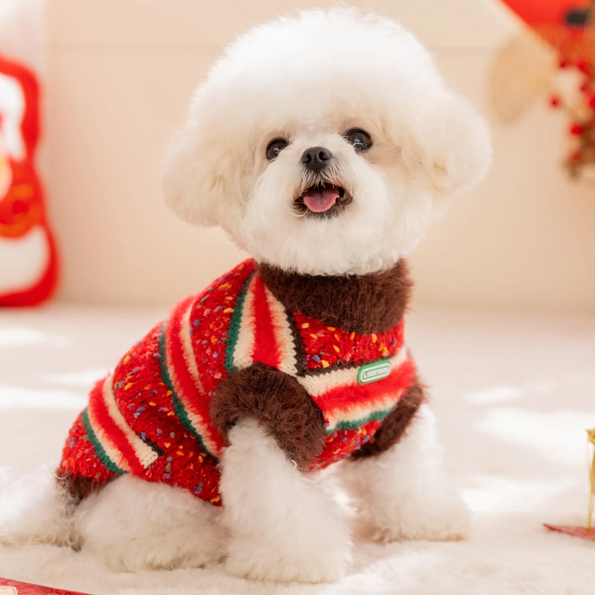 

Autumn/Winter Pet New Year Red Stripe Sweater Warm Knitted Teddy Cat Coat Puppy Clothes Dog Clothes for Small Dogs