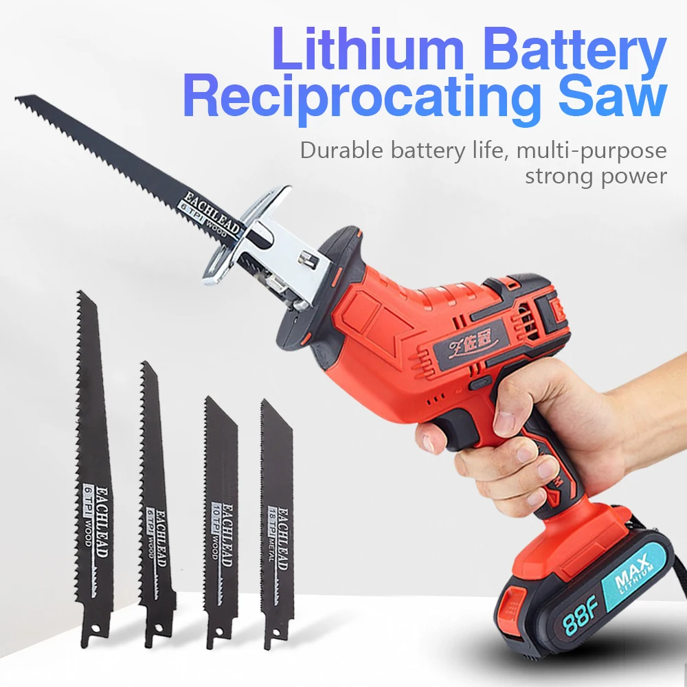 21V Cordless Reciprocating Saw Multifunctional Lithium Reciprocating Saw Adjustable Speed Chainsaw Wood Metal PVC Pipe Cutting