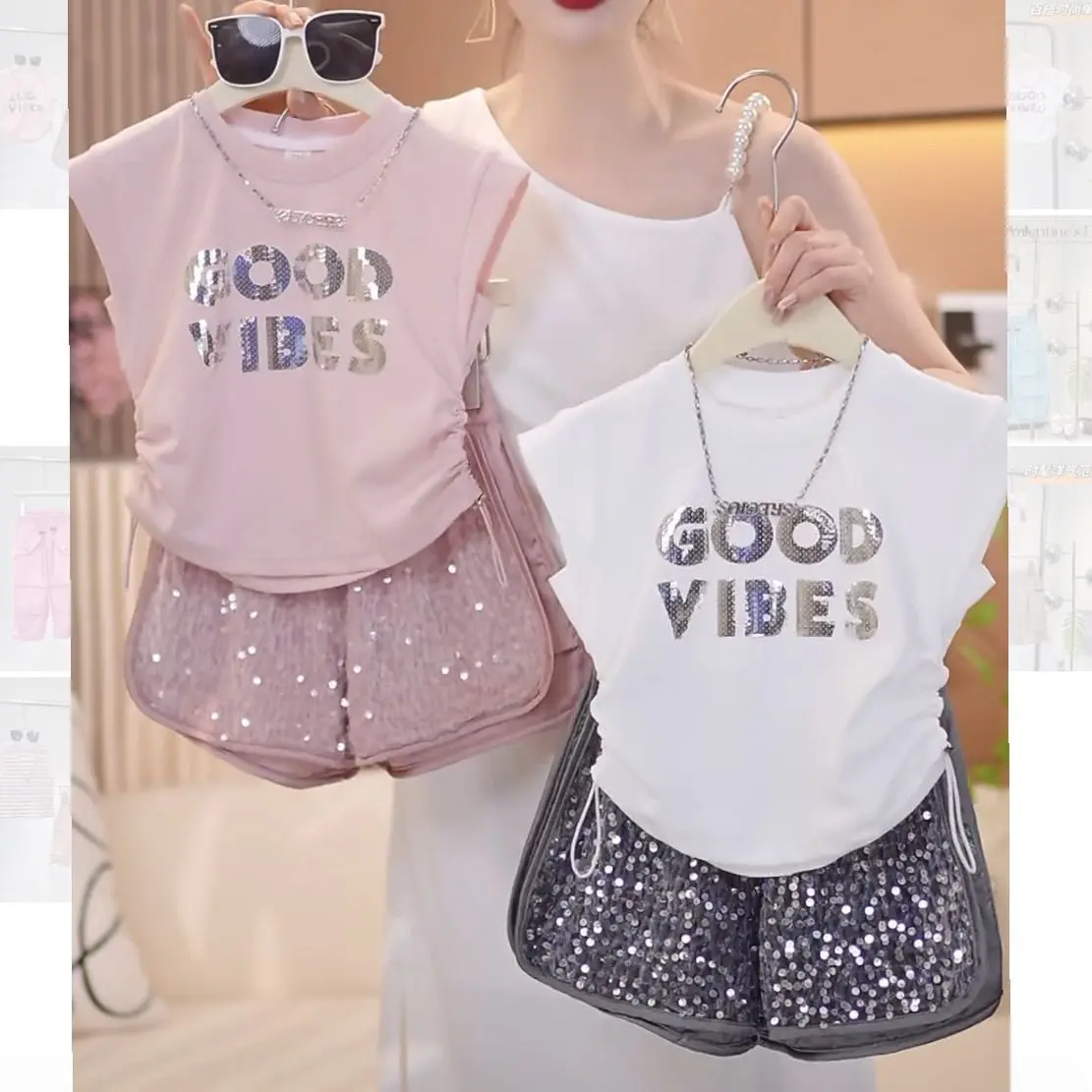 New Baby Girls Summer Fashion  Sets,  Letter  T-shirt + Sequined Shorts   Princess Casual Suits  2-10T