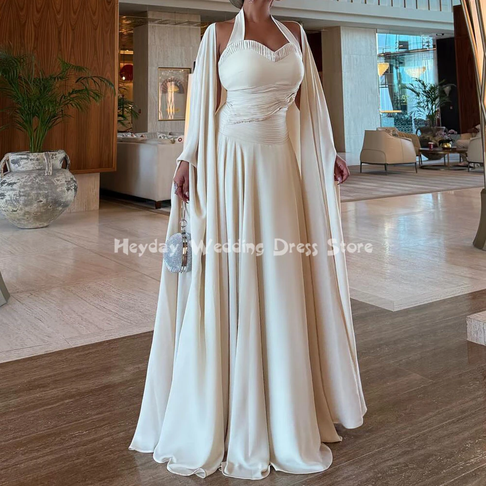 

Heyday Women's Crepe Halter Pleats A Line Floor-Length Saudi Evening Dresses Sleeveless With Long Shawl Elegant Dresses 2025