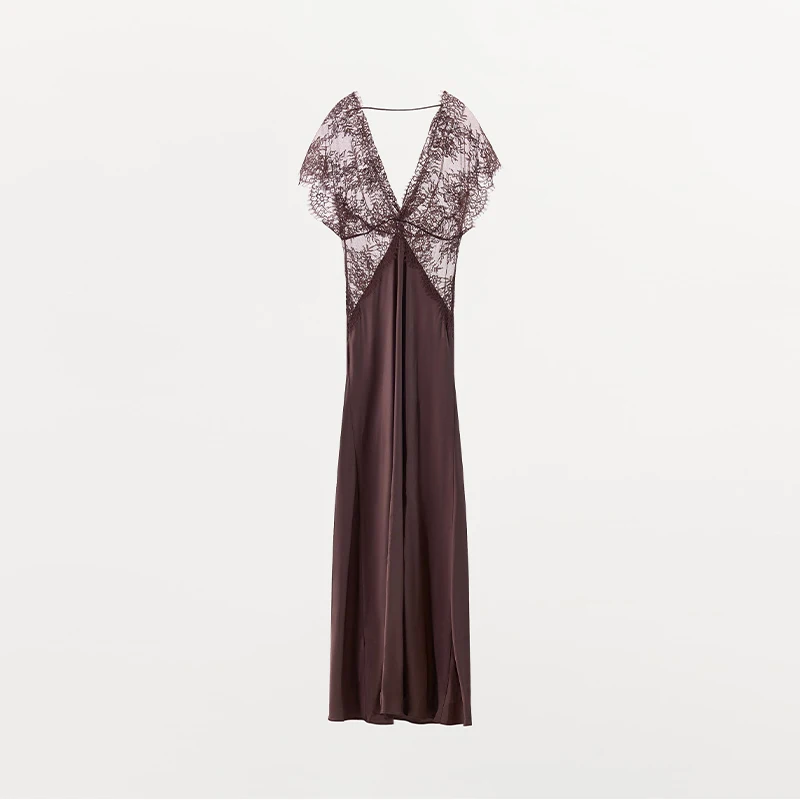 เดรสยาวผ้าลูกไม้ซีทรูคอวีลึกสำหรับผู้หญิง ผ้าซาตินหรูหราสำหรับงานปาร์ตี้กลางคืน รุ่นใหม่ปี 2025 ทรงเข้ารูป ผ้าตาข่ายโปร่งด้านหลัง