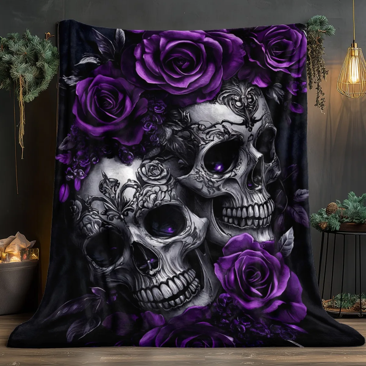 1pc Skulls with Purple Roses HD Print Blanket - Lightweight Flannel Throw for Sofa, Bed, Travel, Living Room, Office, Couch, and