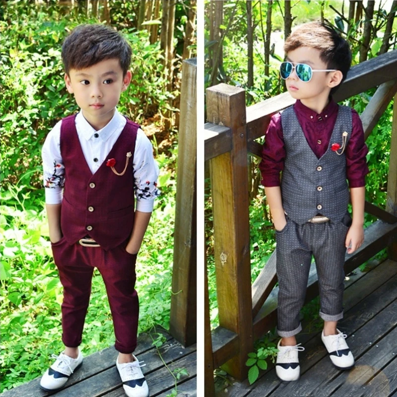 

Boy Dot Top Ring Bearer Waistcoat Clothes Sets Kids Formal Suits Child Long Sleeve Shirt Vest Trousers Toddler Wedding Outfits