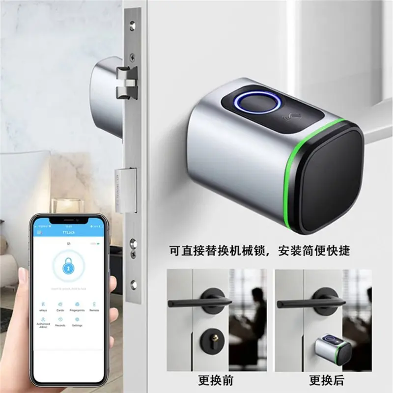 T21C Ttlock Bluetooth Fingerprint Cylinder Digital Code Electronic Smart Door Lock Key Card Remote Control Adjustable 60-90Mm