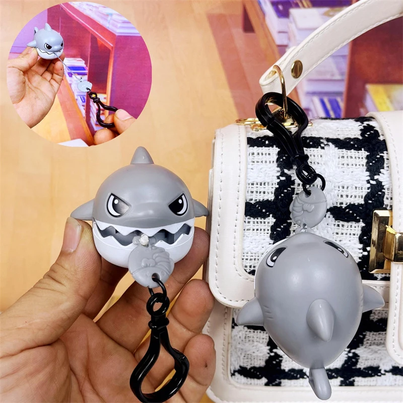 Cute Round Shark Pull String Toy Keychain Fun Stress Relief Small Toys Couple Interactive Small Fish Pendant Backpack Decoration