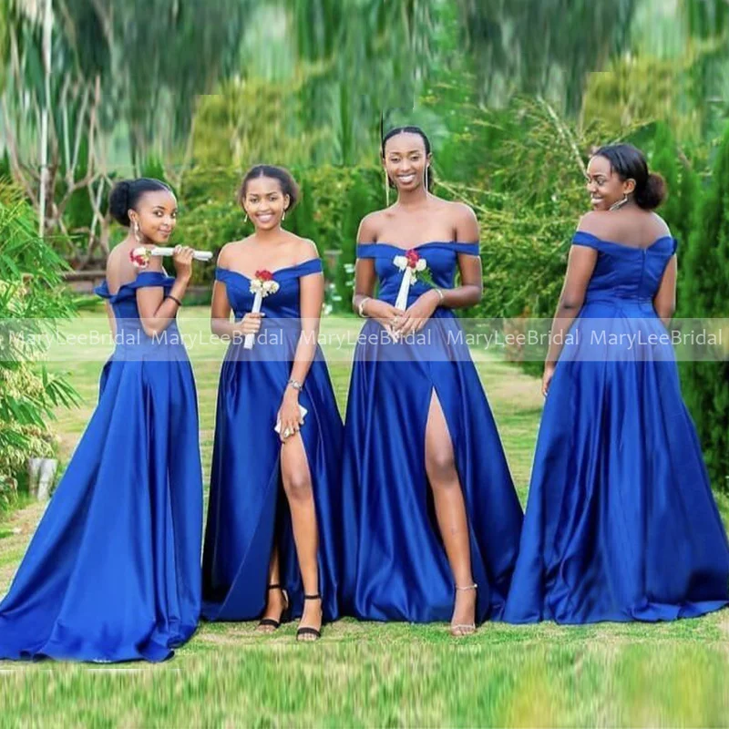 Royal Blue Customized Bridesmaid Dresses with Front Slit Off Shoulder African Women Formal Party Gown Bride Maids Of Honor Dress