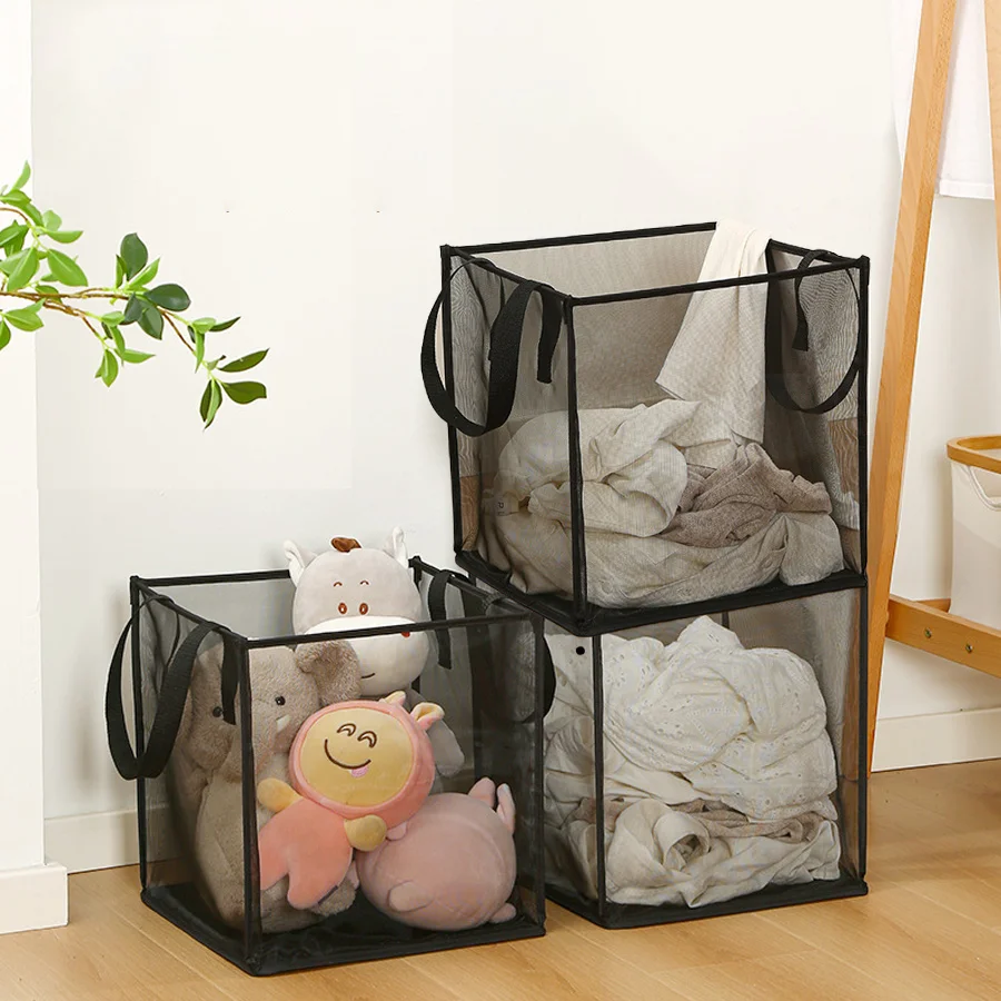 Foldable Dirty Laundry Clothes Basket Fabric Grid Household Clothes Storage Large Capacity Bathroom Finishing Storage Basket Bag