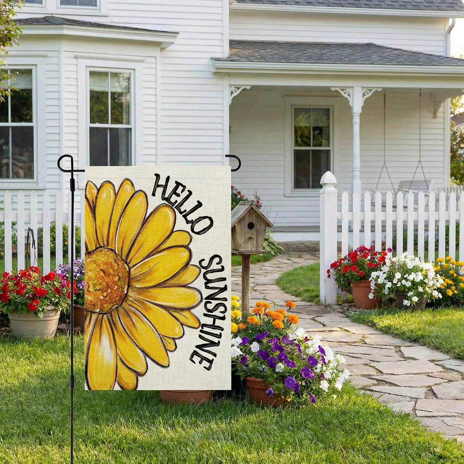 Summer Garden Flag Daisy 12x18 Inch Double Sided Hello Sunshine Small Floral Seasonal Holiday Decoration for Outside Yard (O PPZ