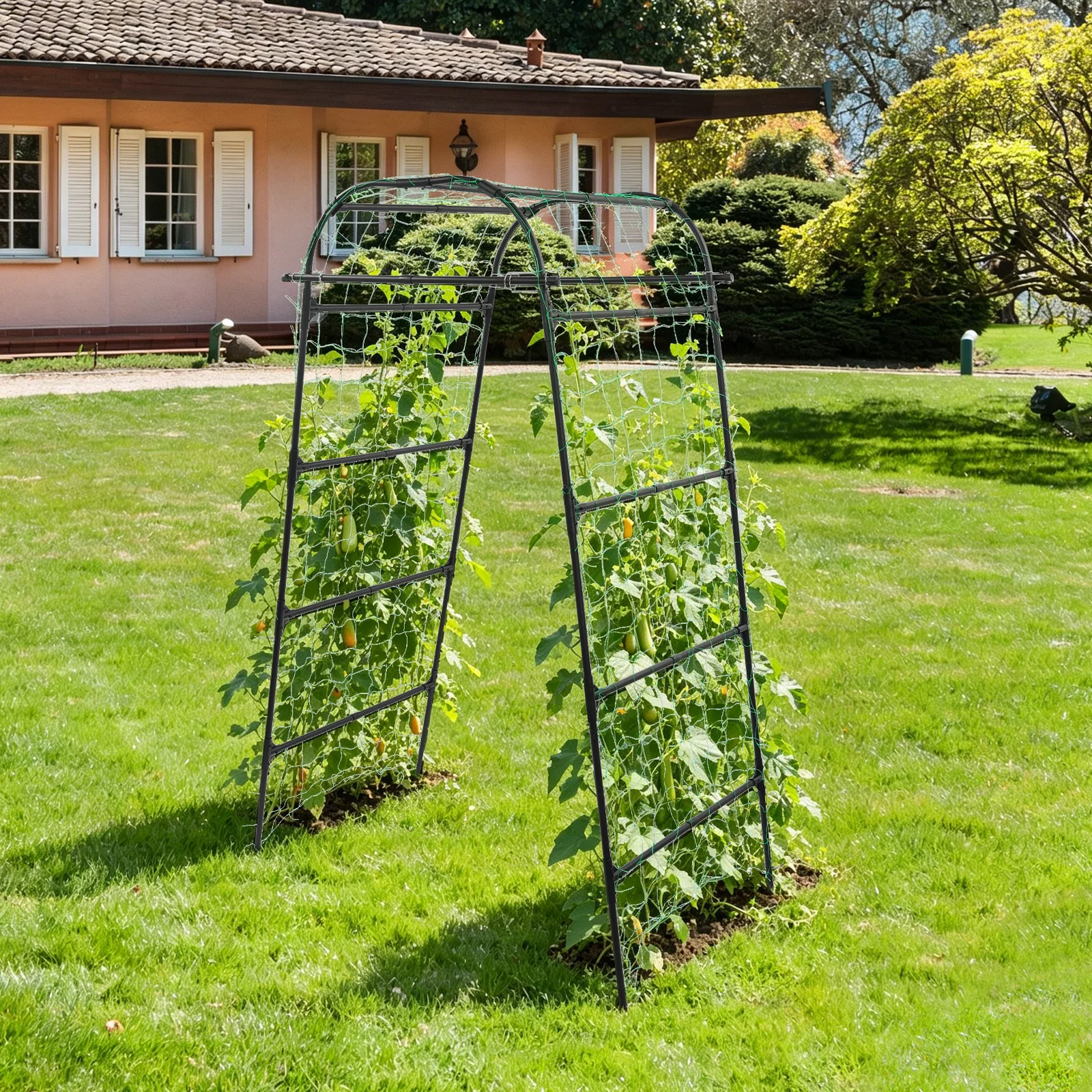 Garden Arch Trellis for Climbing Plants, 90x80x210cm Heavy Duty Steel Plant Support, Outdoor Vegetable Cage with Net for Cucumber Tomato Vine
