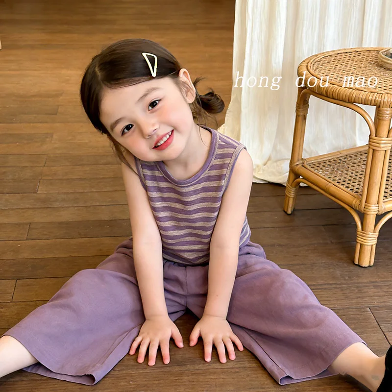 

New Summer Outfit for Girls: Purple Striped TopTT-shirt and casual pants for baby children in a sweet style