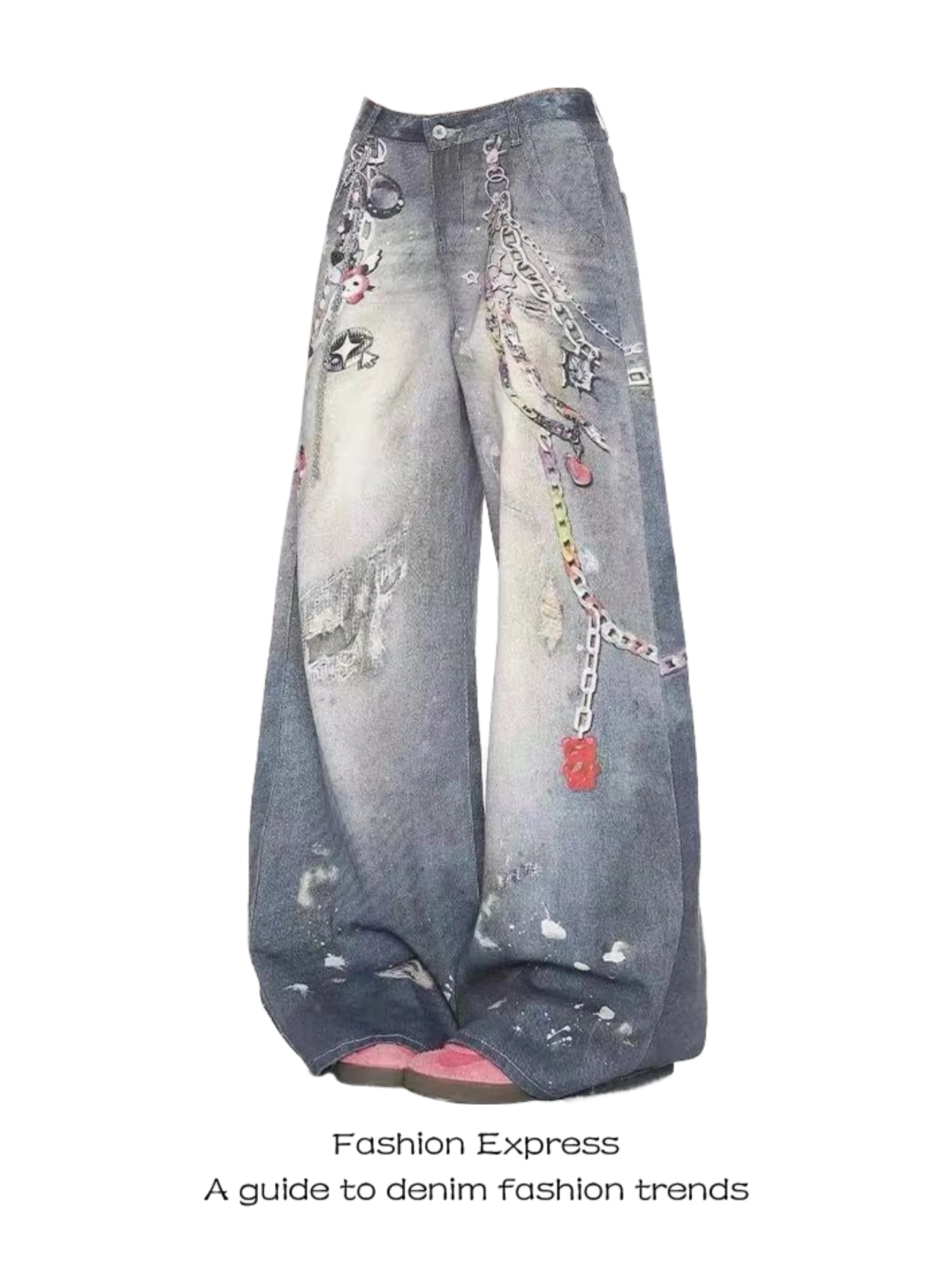 

Американские джинсы с высокой талией и принтом, женские осенние тяжелые джинсы с цепочкой, свободные широкие брюки длиной до пола