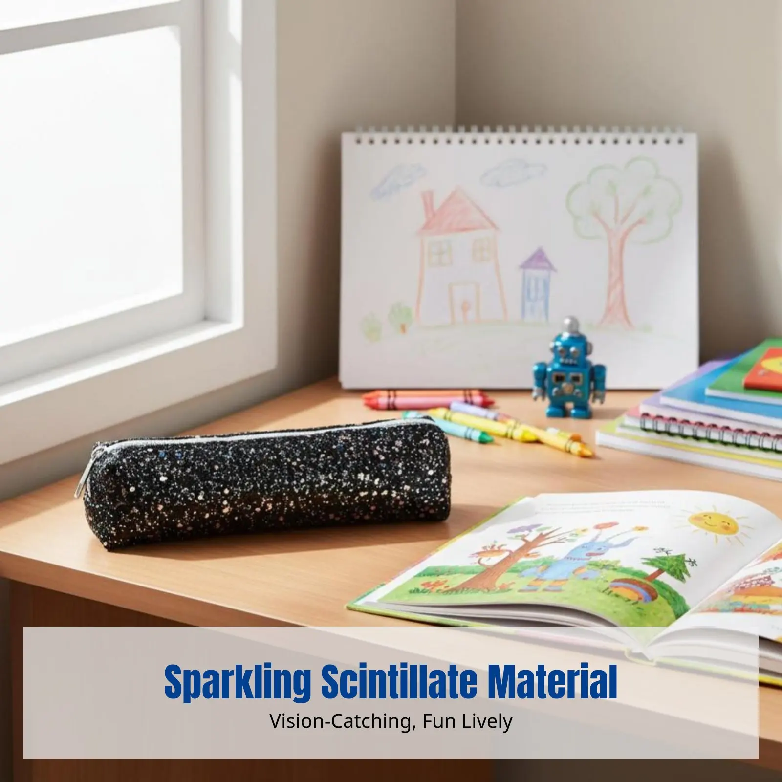 Sparkle Pencil Case, Oxford Fabric Stationery Organizer, Kids Creative Cylinder Pouch, Unisex, Zipper Closure