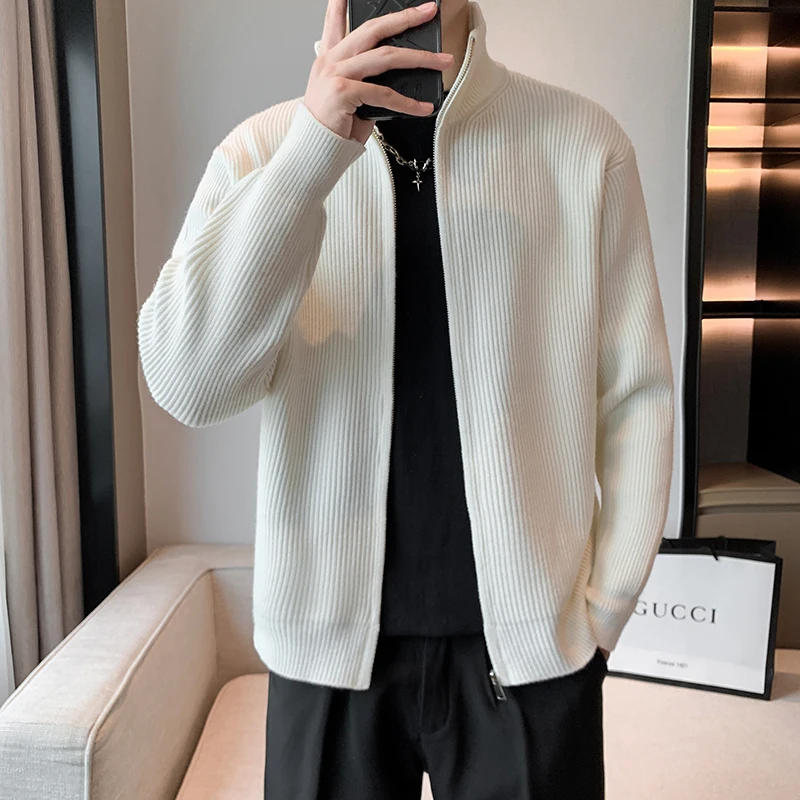 

Men's Knit Sweater Cardigan New Jumper Stand Collar Coat Spring Winter Warm Clothes Cold Korean Zipper Male Knit Jacket C35