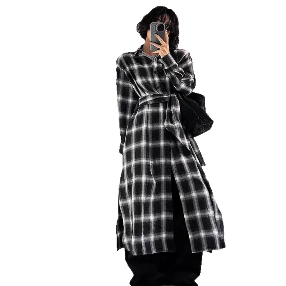 

Новая женская рубашка SuperAen на весну и лето: черная, оверсайз, в клетку, с длинным рукавом, в корейском стиле, модная, на шнуровке