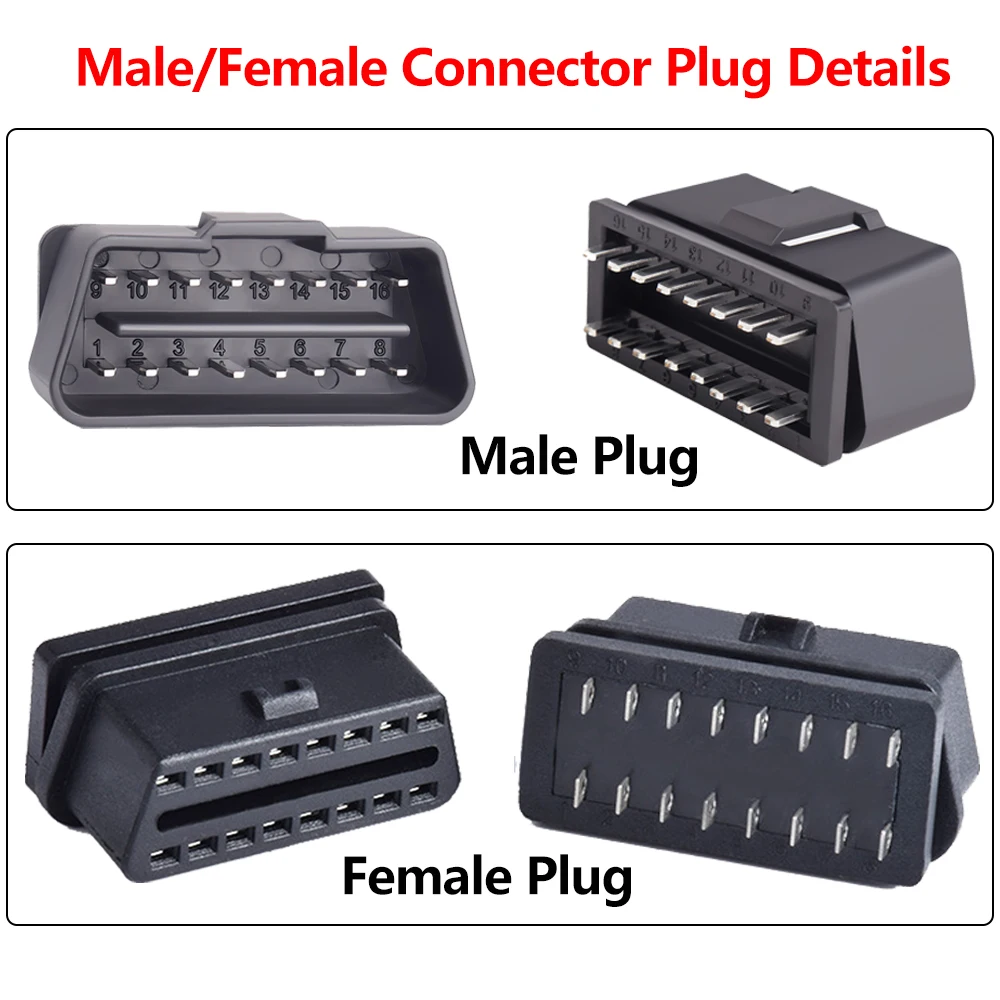 12 فولت 16pin obdii موصل ذكر التوصيل شاحن أنثي obd2 موصل التوصيل العالمي السيارات سيارة التشخيص كابل J1962 obd ii محول #6