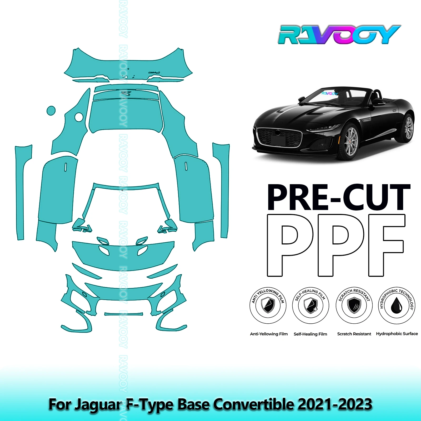 RAVOOY 8.5Mil Custom-Fit Precut TPU PPF Full Vehicle Clear Bra Stone Guard EU UK For Jaguar F-Type Base Convertible 2021-2023