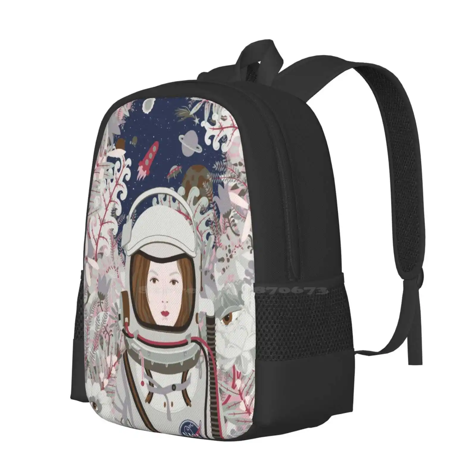 Lady Astronaut Hot Sale Schoolbag Backpack Fashion Bags Lady Astronaut Woman Travel Journey Planet Rocket Ufo Alien Floral For