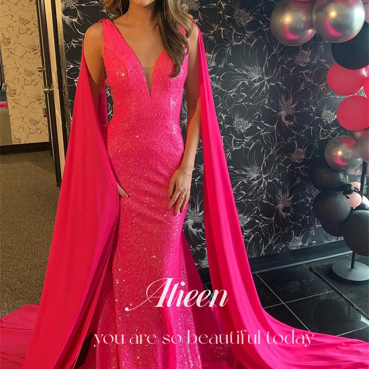 

Aileen Shawl Rose Red Mermaid Sequins Customized Dress Women Elegant Party Dresses 2024 for Wedding Dress Ball Gowns Evening