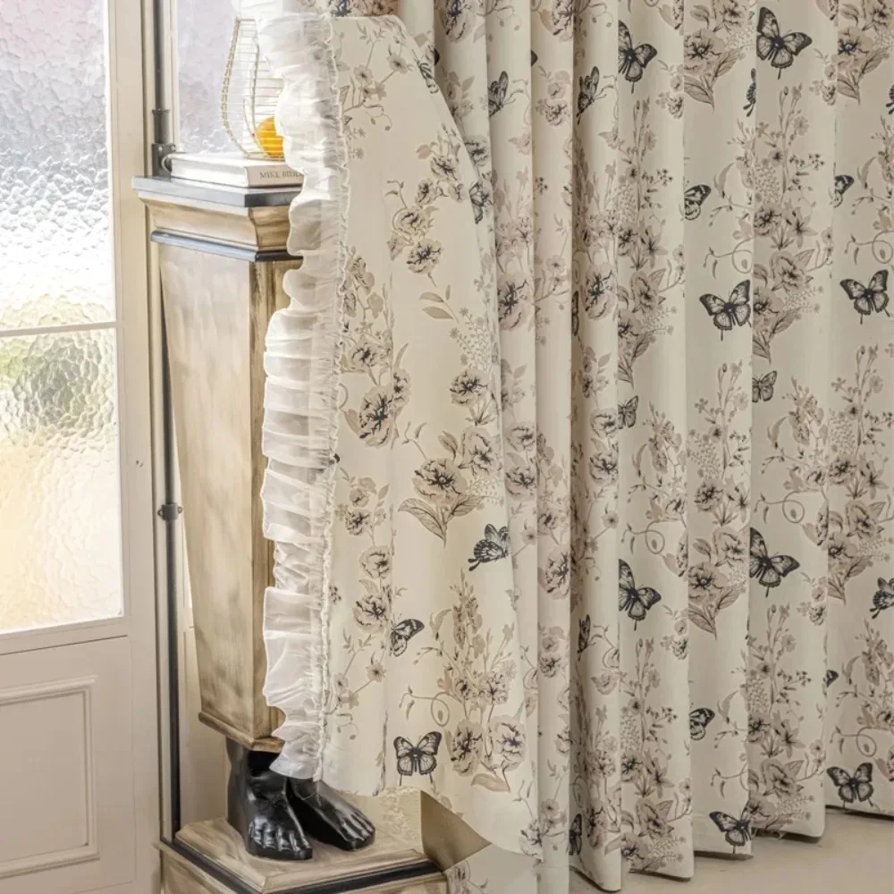 Curtains for Living Room Cream Chenille Fully Pastoral Digital Print Custom Window Thermal Drape