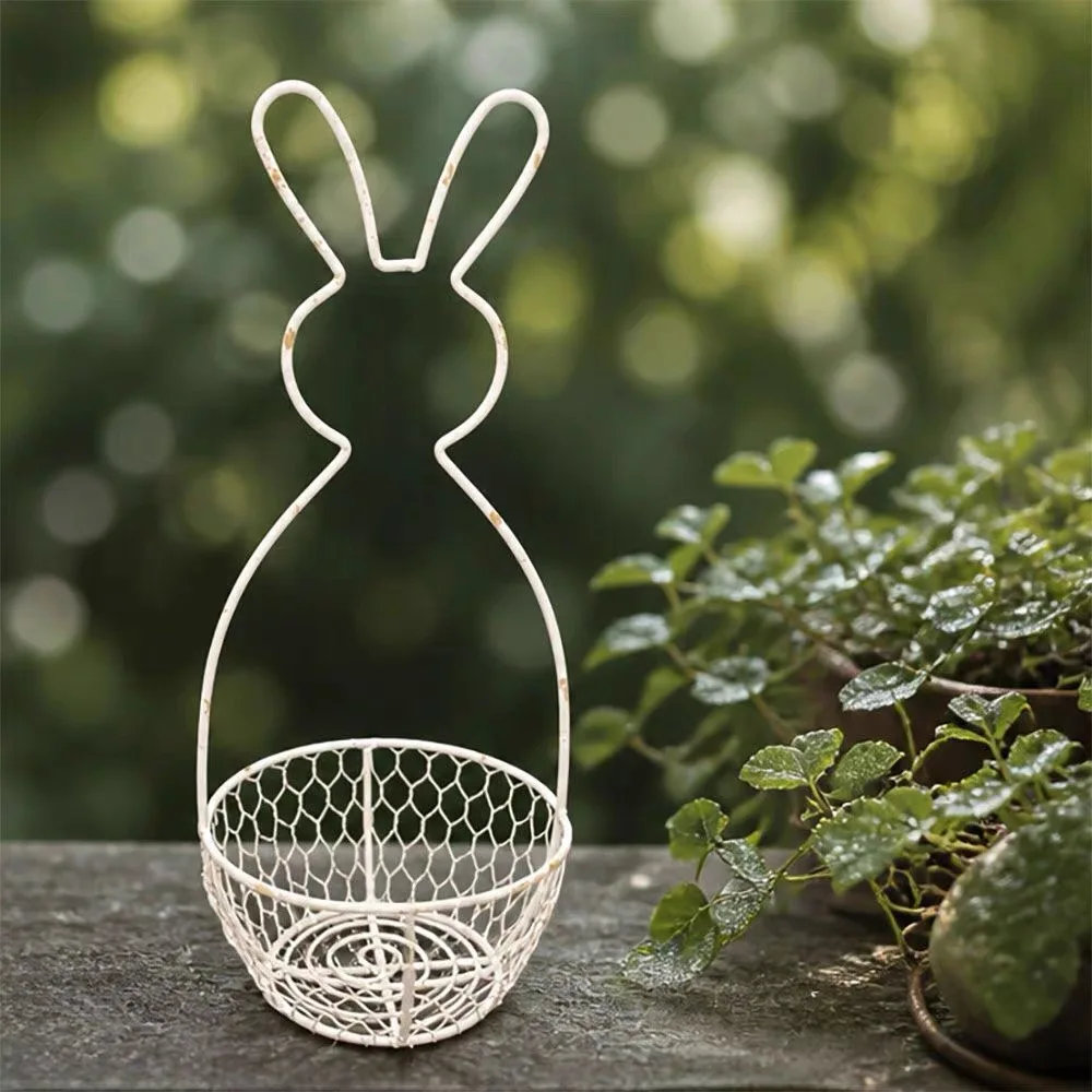 Vintage White Bunny Basket Planter Rustic Metal Rabbit Flower Pot Holder Farmhouse Easter Garden Decor Basket