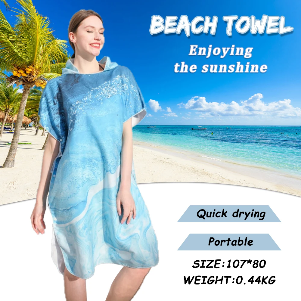 Microfiber Surf Poncho, Changing Bath Robe, Quick Dry Pool Swimming Beach Towel with Hood Wetsuit