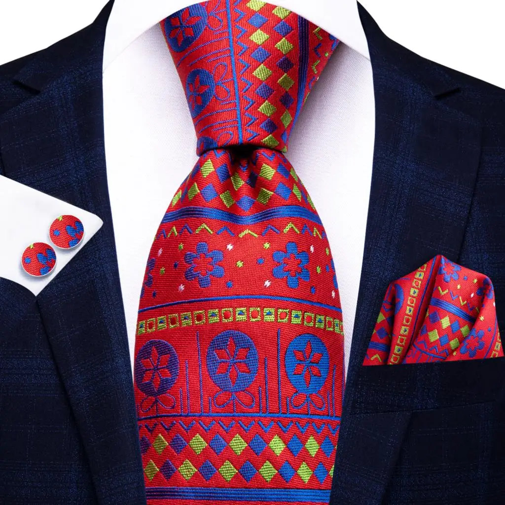 

Hi-Tie Designer Xmas Red Blue Floral Necktie Silk Elegent Tie For Men Fashion Brand Christmas Party Handky Cufflink Wholesale