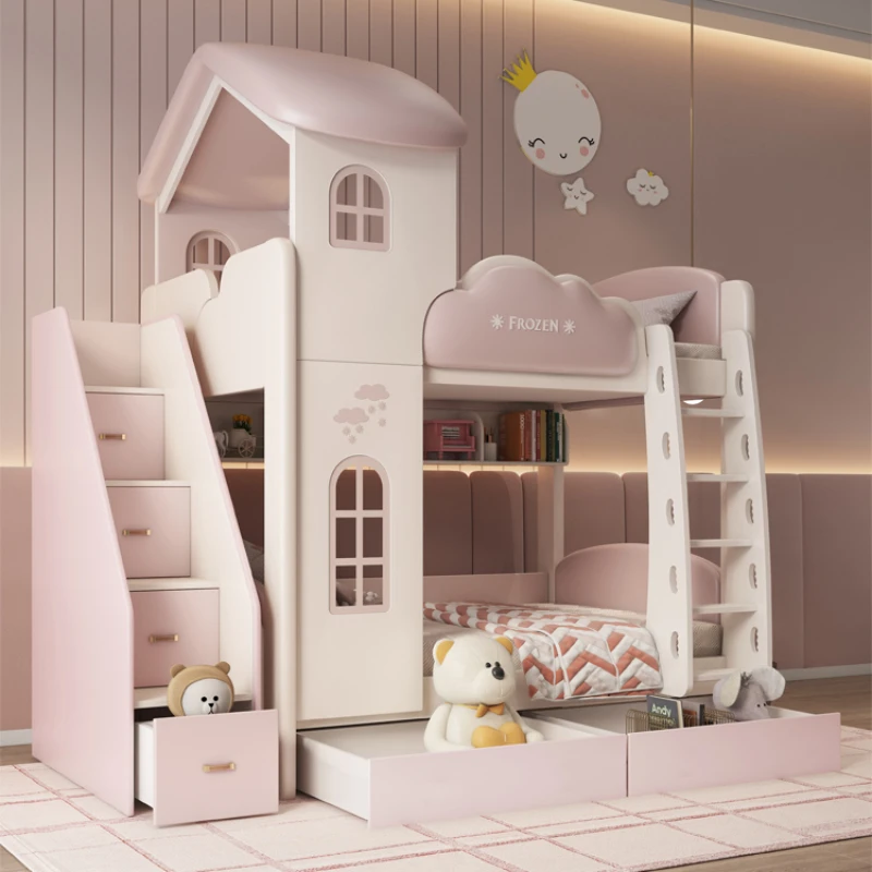 Cute Girl Room Bunk Bed Twin Frame Luxury Pink Queen Bed Princess Loft Comferter Litera Furniture Home