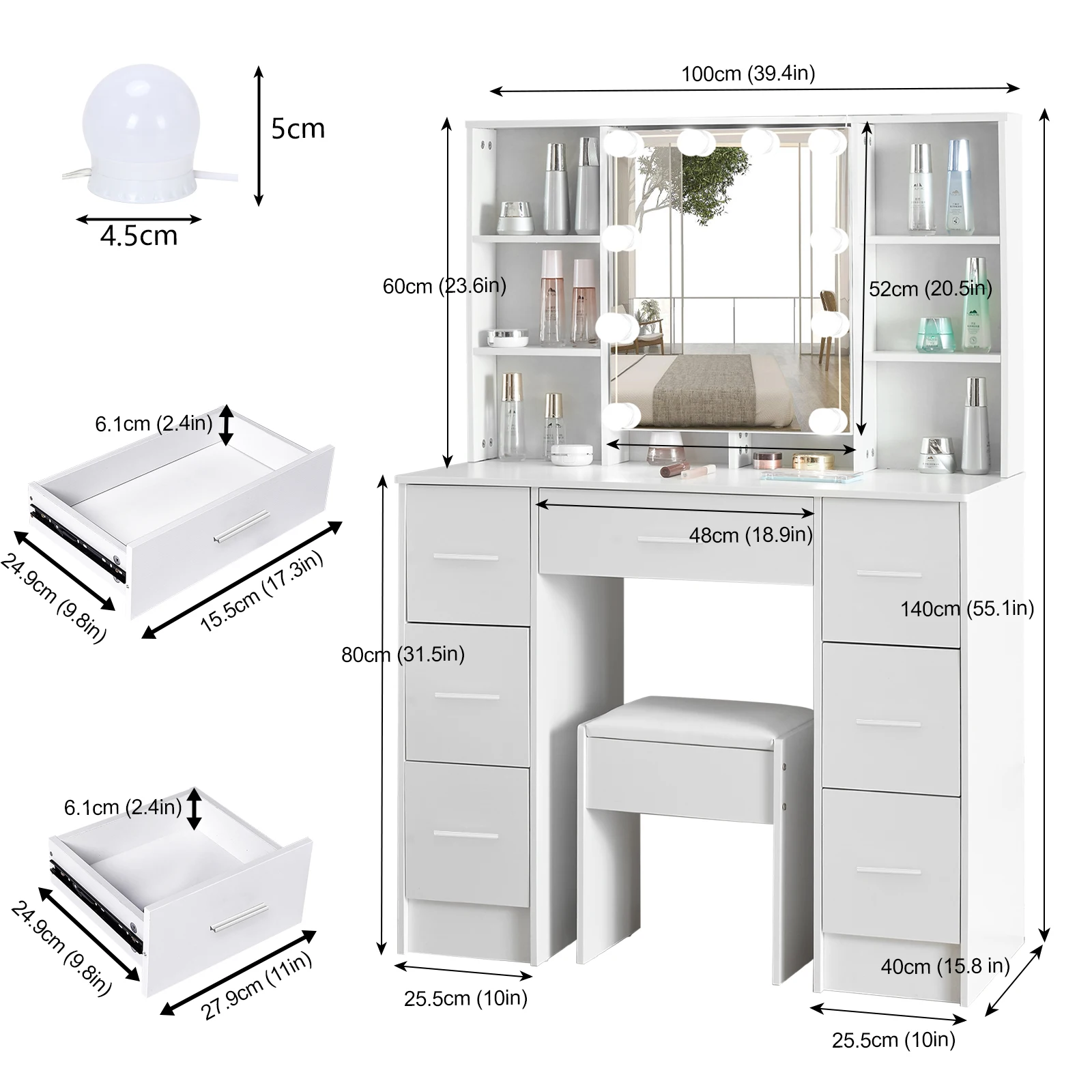 طاولة مكياج خشبية بيضاء مع مرآة LED و7 أدراج