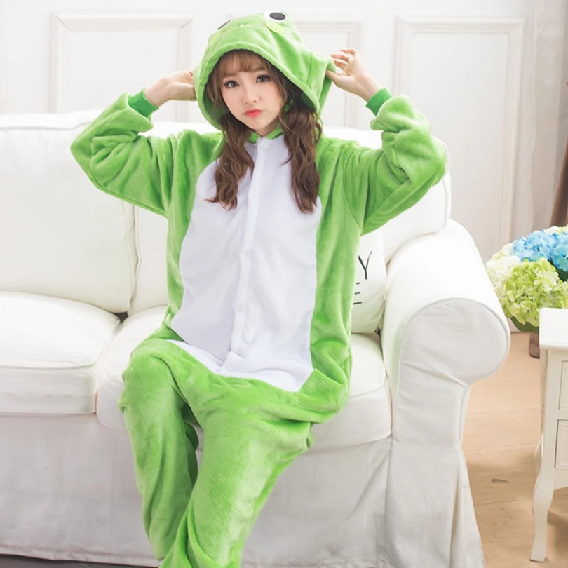 Winter Adults Animal Onesies Unisex Women Green Frog Costumes Cartoon Pyjama Men Long Sleeve Pajamas Set Christmas Jumpsuits