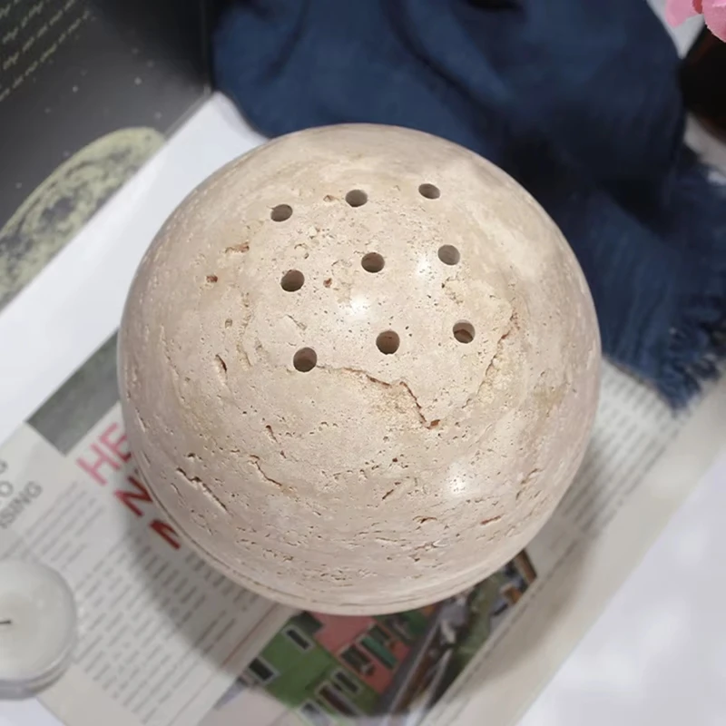 Beige Travertine Sphere Incense Burner Natural Marble Stone Home Decoration, Religious Round Ornament