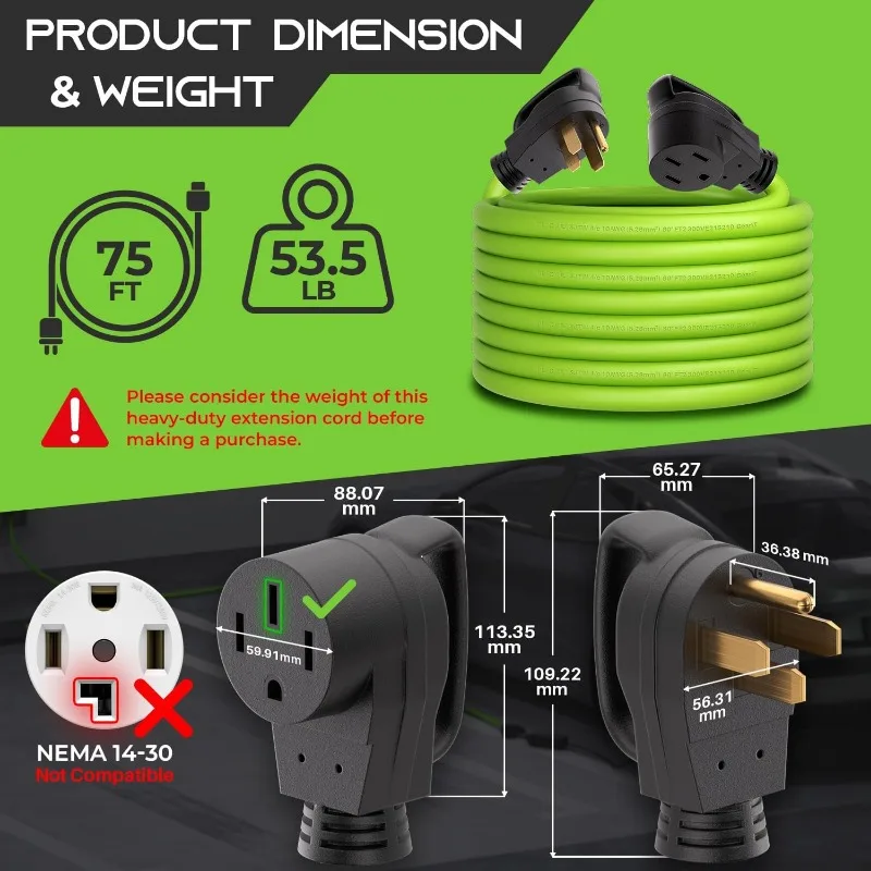 Cabo de extensão de 50 A para RV e EV, 250 volts, 4 pinos, compatível com Tesla Model 3 Model Y Model X S, NEMA