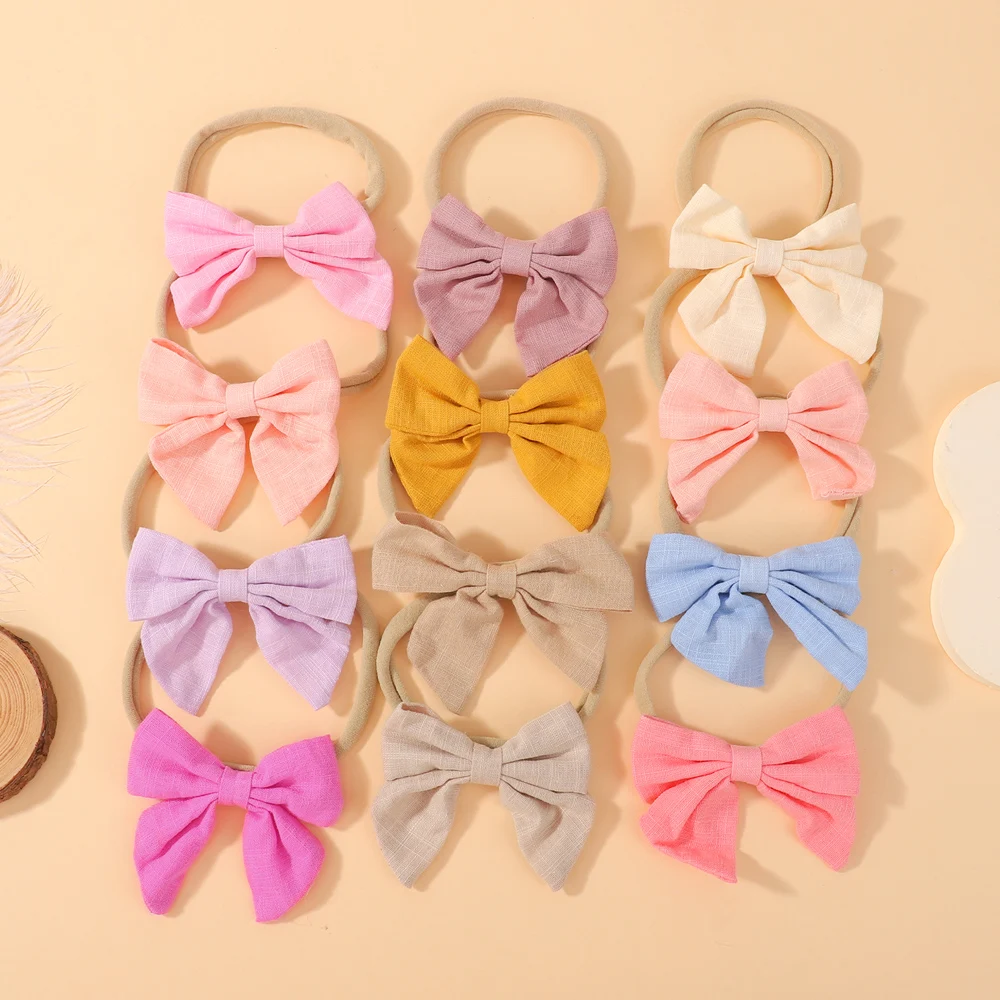 

10PC Solid Color Elastic Hair Bands Headband with Bows for Baby Girls Handmade Nylon Hair Rope Headwear Kids Hair Accessories